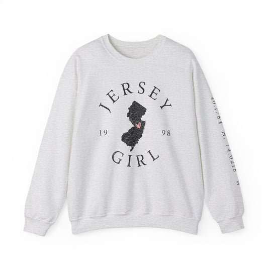 Custom Jersey Girl Shirt Personalized Town Birthday Jersey Shore Coordinates Gift for Jersey Girl Crewneck Sweatshirt